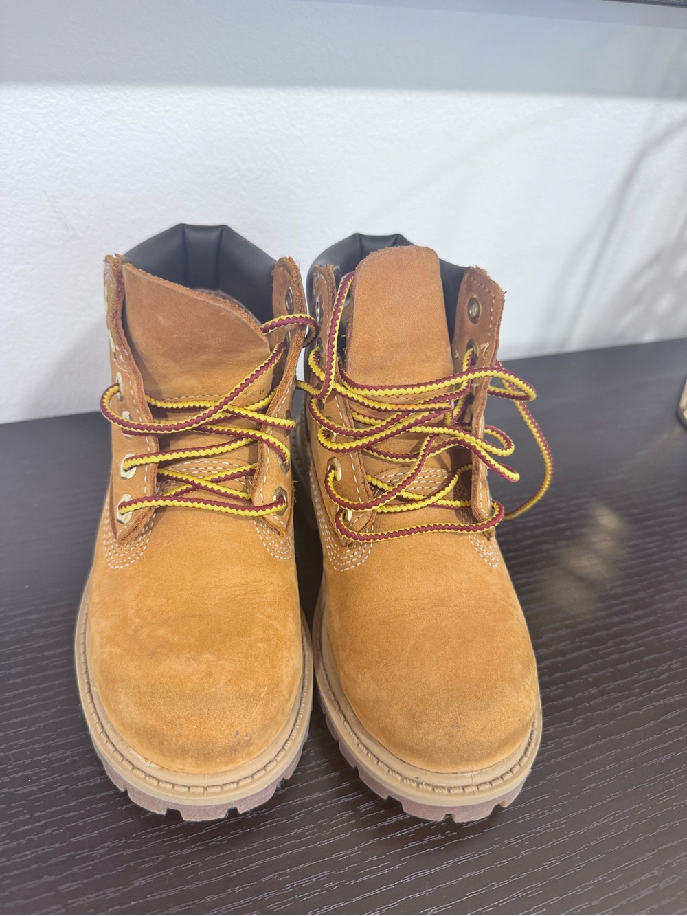 Timberland Kids Wheat Suede Boots with Yellow & Burgundy Laces